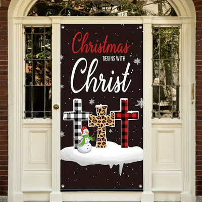 Christianartworkshop Festive Christmas Begins With Christ Door Curtain: Plaid/Leopard Cross