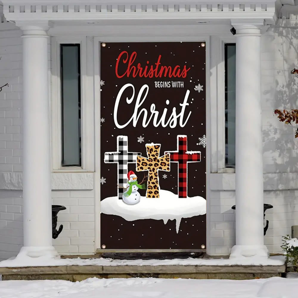 Christianartworkshop Festive Christmas Begins With Christ Door Curtain: Plaid/Leopard Cross