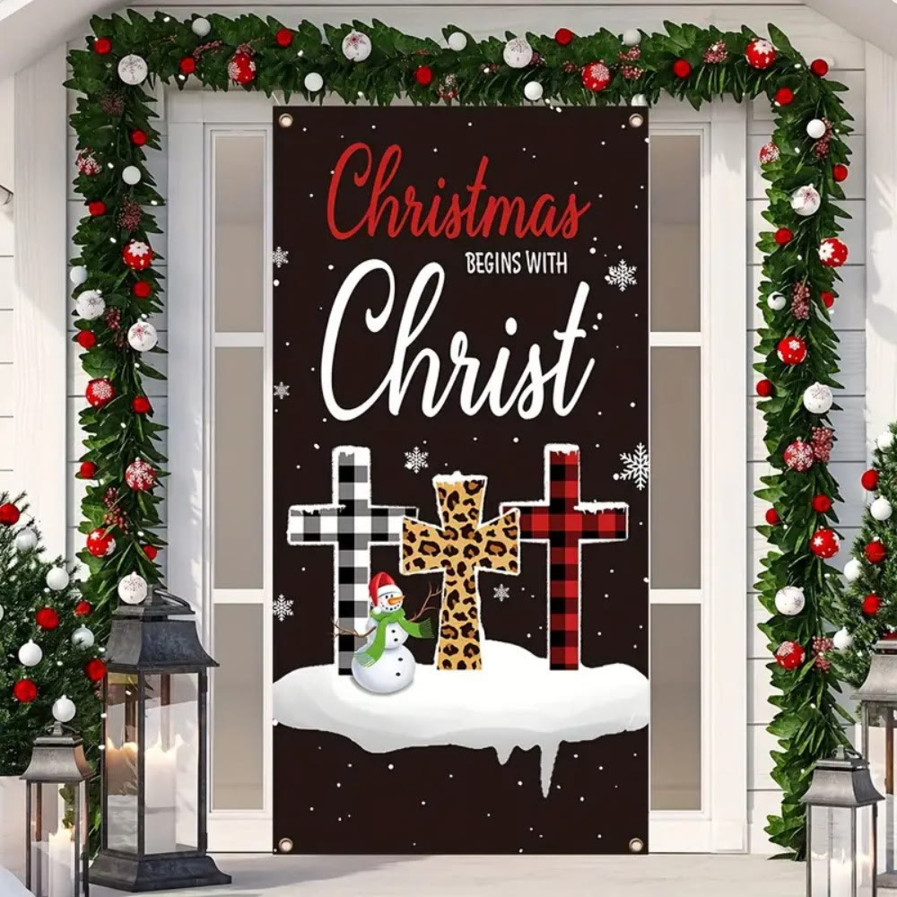 Christianartworkshop Festive Christmas Begins With Christ Door Curtain: Plaid/Leopard Cross