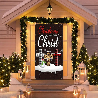 Christianartworkshop Festive Christmas Begins With Christ Door Curtain: Plaid/Leopard Cross
