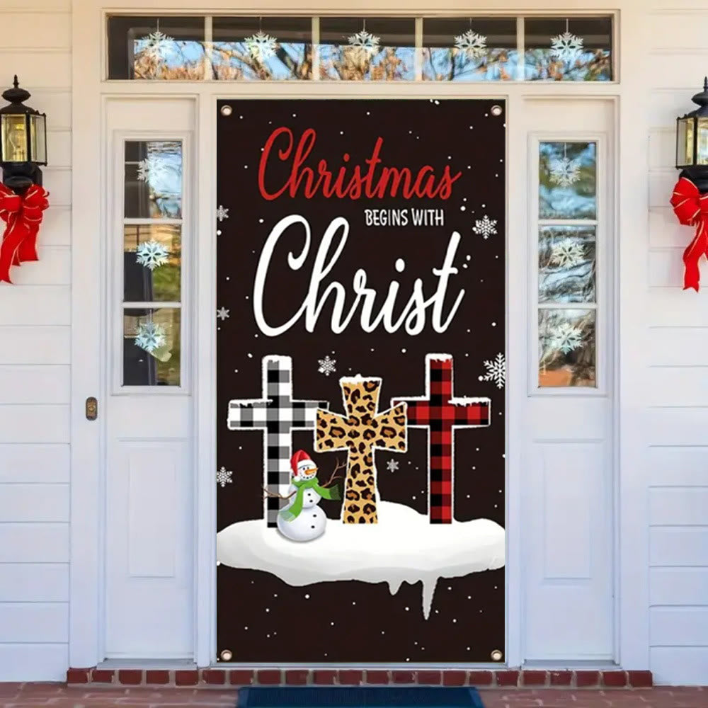 Christianartworkshop Festive Christmas Begins With Christ Door Curtain: Plaid/Leopard Cross