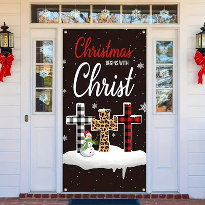 Christianartworkshop Festive Christmas Begins With Christ Door Curtain: Plaid/Leopard Cross