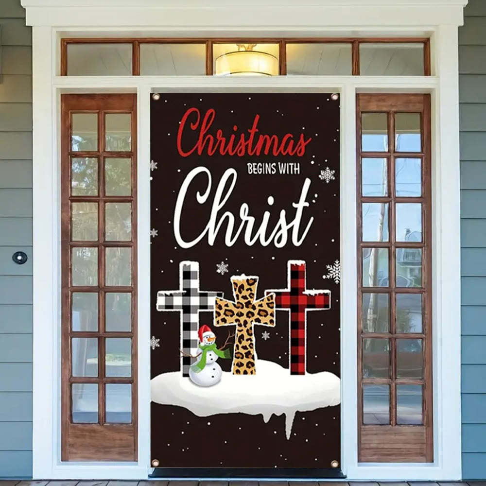 Christianartworkshop Festive Christmas Begins With Christ Door Curtain: Plaid/Leopard Cross