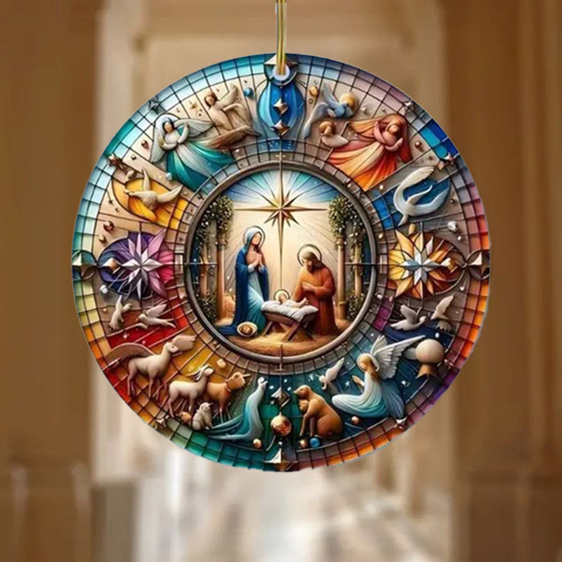 Christianartworkshop Stained Glass Styles Colorful Nativity Hanging Ornaments D