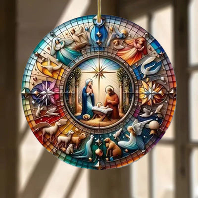 Christianartworkshop Stained Glass Styles Colorful Nativity Hanging Ornaments D