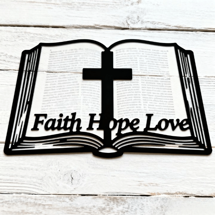 Christianartworkshop Inspirational Cross and Bible-Based Metal Wall Decor: Faith, Hope, Love