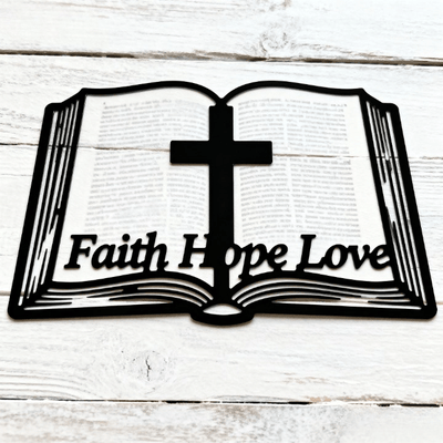 Christianartworkshop Inspirational Cross and Bible-Based Metal Wall Decor: Faith, Hope, Love