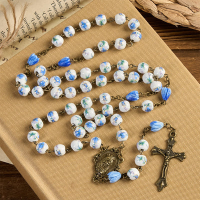 Christianartworkshop Immaculate Heart of Mary & Crucifix of 8 mm Round Blue Floral Acrylic Alloy Chain Rosary