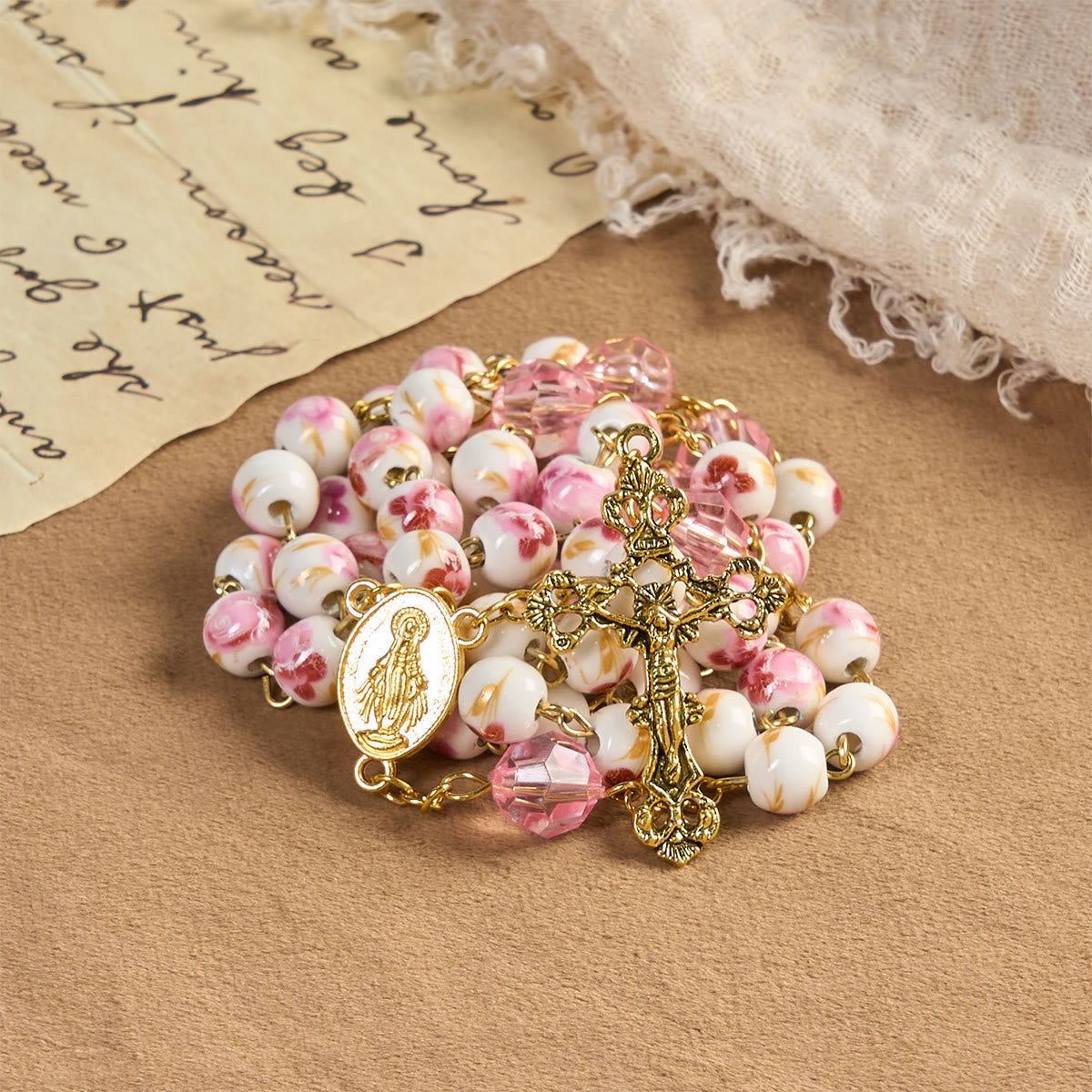 FREE Today: Miraculous Medal & Crucifix of 8 mm Round Floral Pink Ceramic Alloy Chain Rosary