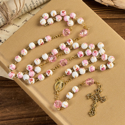 FREE Today: Miraculous Medal & Crucifix of 8 mm Round Floral Pink Ceramic Alloy Chain Rosary