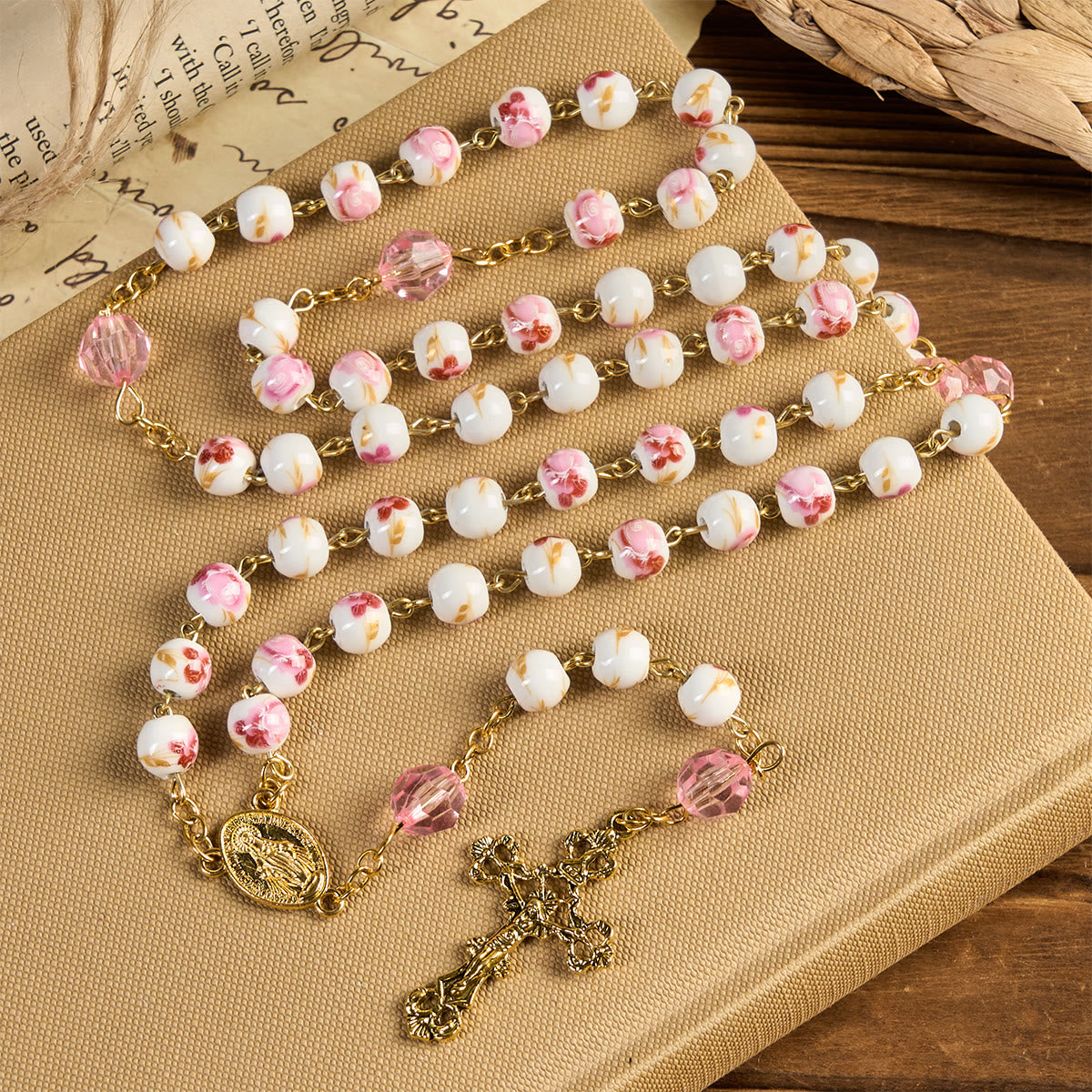 FREE Today: Miraculous Medal & Crucifix of 8 mm Round Floral Pink Ceramic Alloy Chain Rosary
