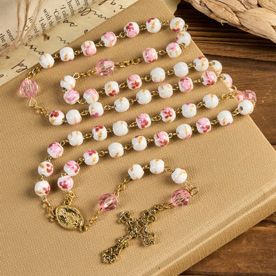FREE Today: Miraculous Medal & Crucifix of 8 mm Round Floral Pink Ceramic Alloy Chain Rosary