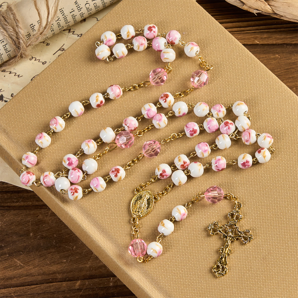 Christianartworkshop Miraculous Medal & Crucifix of 8 mm Round Floral Pink Ceramic Alloy Chain Rosary