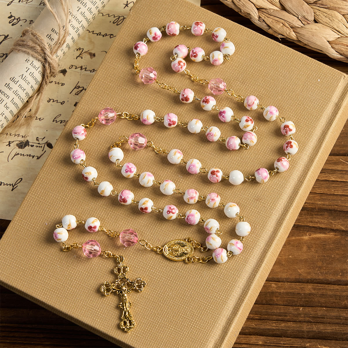 Christianartworkshop Miraculous Medal & Crucifix of 8 mm Round Floral Pink Ceramic Alloy Chain Rosary