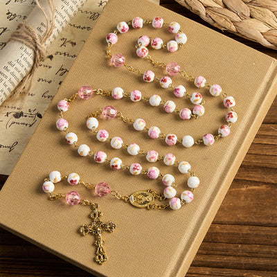Christianartworkshop Miraculous Medal & Crucifix of 8 mm Round Floral Pink Ceramic Alloy Chain Rosary