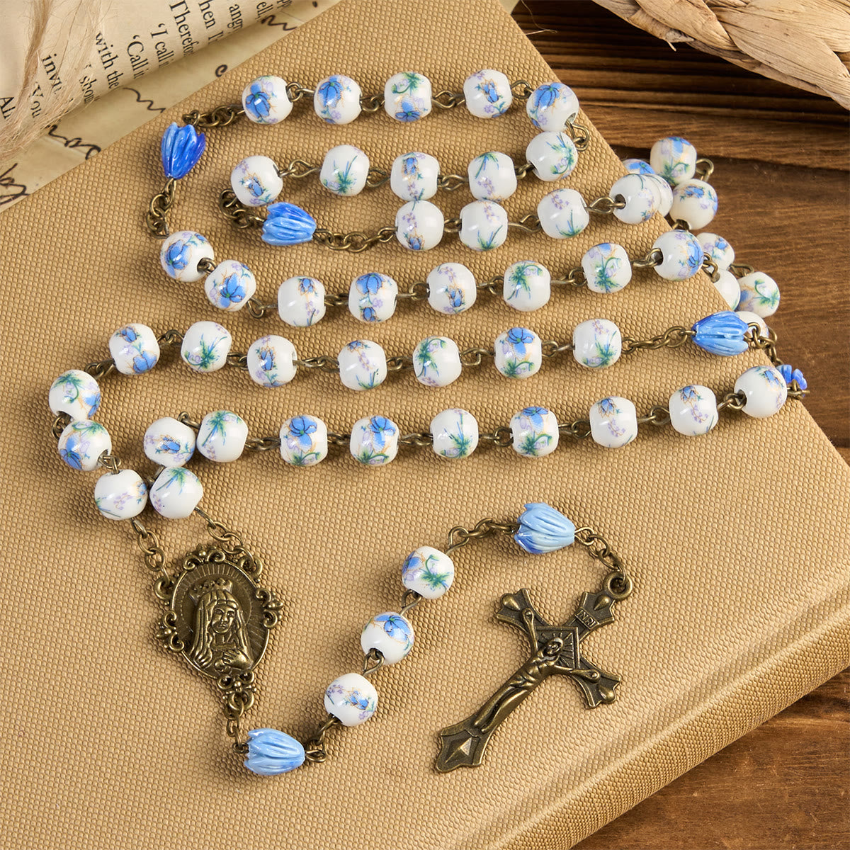FREE Today: Miraculous Medal & Crucifix of 8 mm Round Floral Pink Ceramic Alloy Chain Rosary