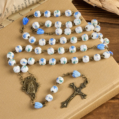 FREE Today: Miraculous Medal & Crucifix of 8 mm Round Floral Pink Ceramic Alloy Chain Rosary
