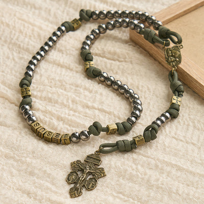Christianartworkshop Military - Style Paracord Custom Rosary: Silver-Toned Beads & Brass JESUS