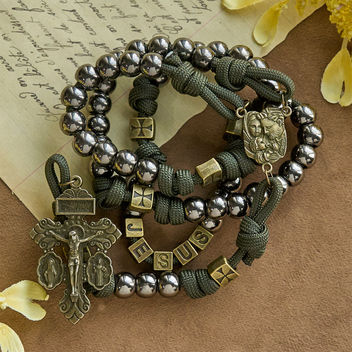 Christianartworkshop Military - Style Paracord Custom Rosary: Silver-Toned Beads & Brass JESUS