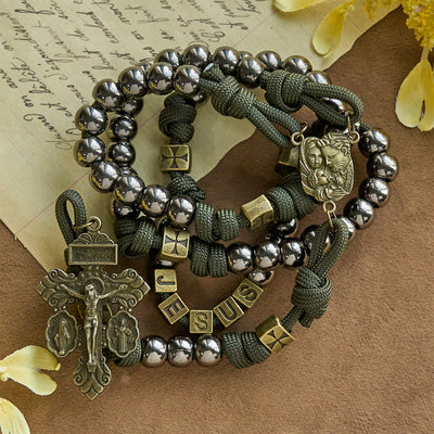 Christianartworkshop Military - Style Paracord Custom Rosary: Silver-Toned Beads & Brass JESUS