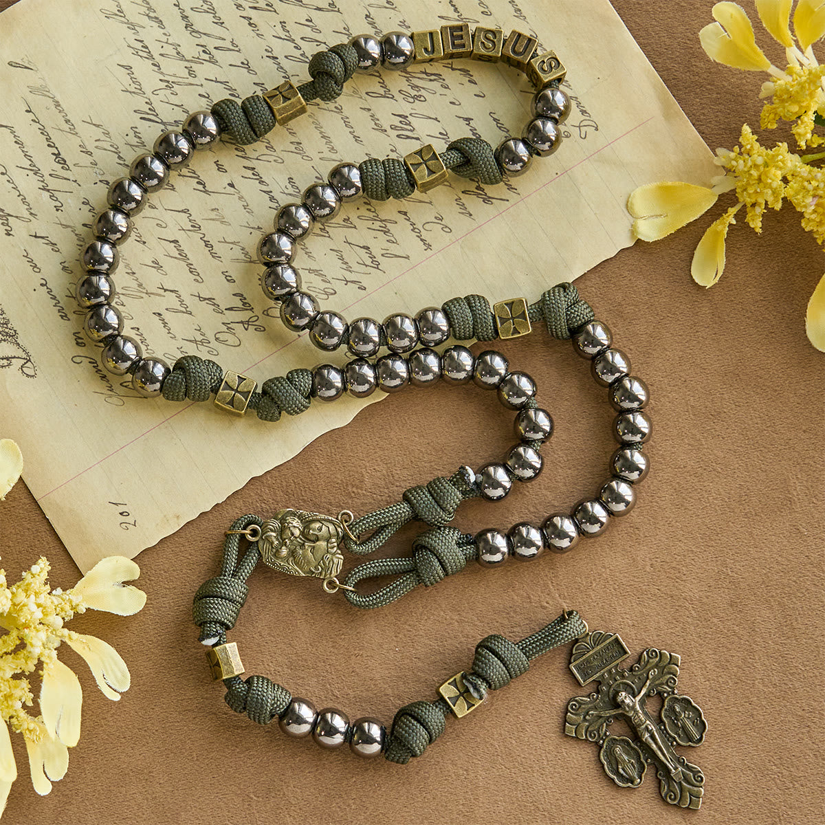 Christianartworkshop Military - Style Paracord Custom Rosary: Silver-Toned Beads & Brass JESUS