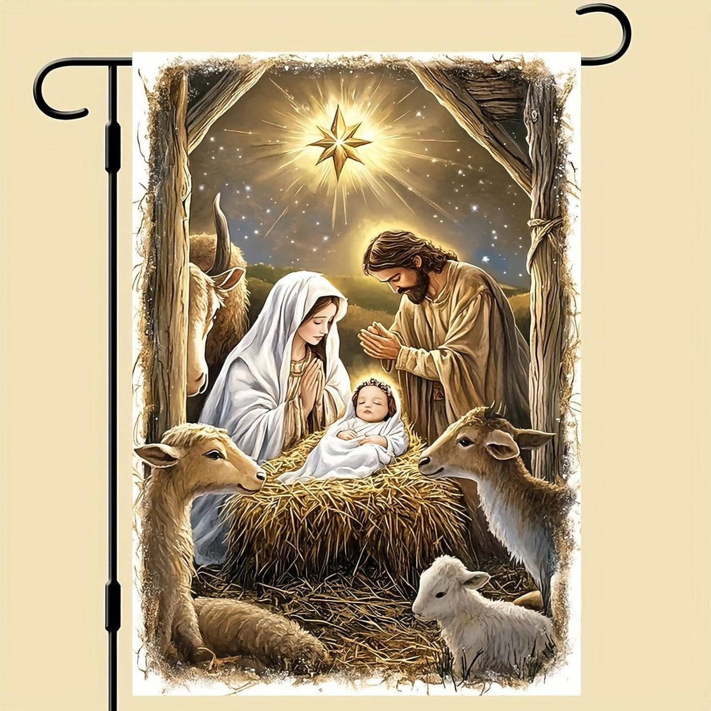 Christianartworkshop Warm Nativity Garden Flag: Holy Family, Animals & Star of Bethlehem
