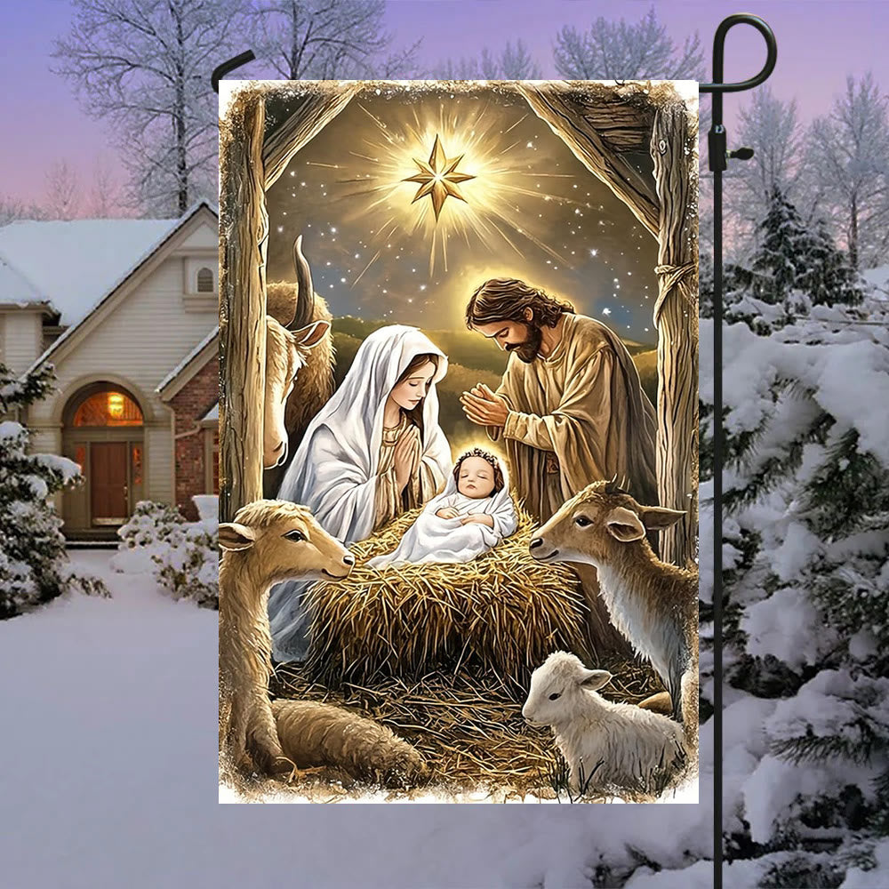 Christianartworkshop Warm Nativity Garden Flag: Holy Family, Animals & Star of Bethlehem