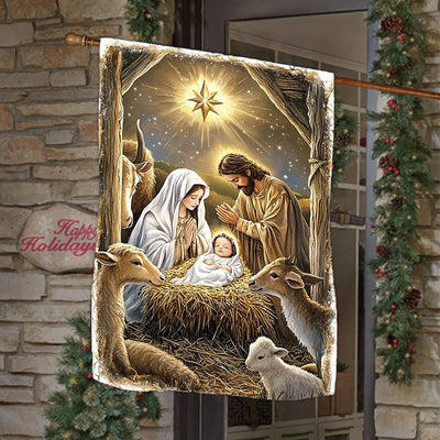 Christianartworkshop Warm Nativity Garden Flag: Holy Family, Animals & Star of Bethlehem