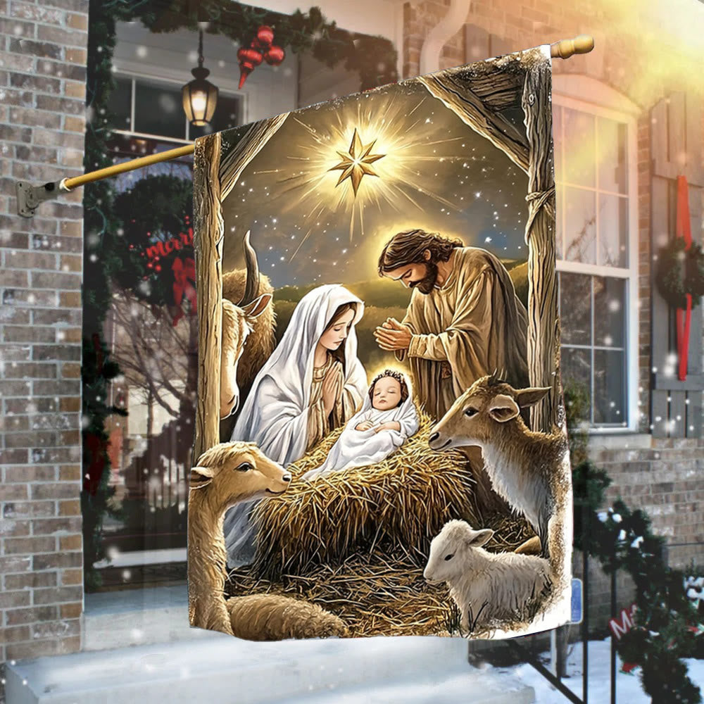 Christianartworkshop Warm Nativity Garden Flag: Holy Family, Animals & Star of Bethlehem