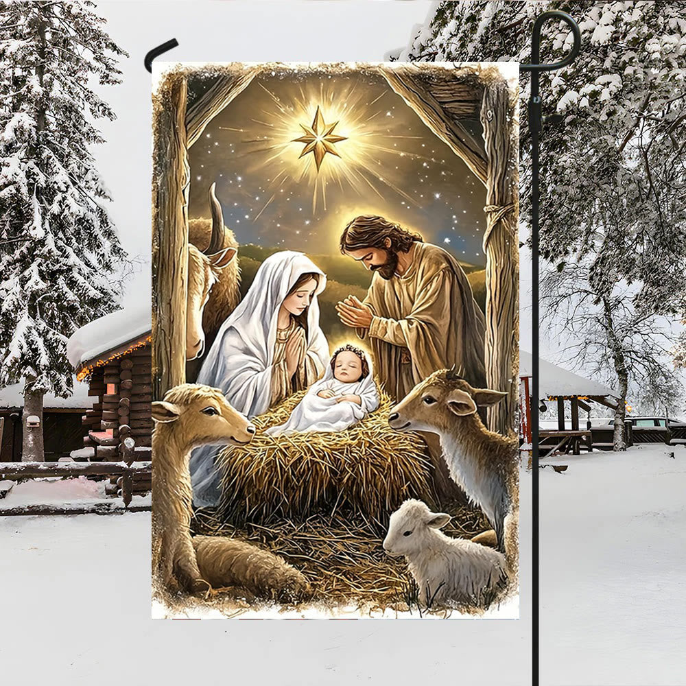 Christianartworkshop Warm Nativity Garden Flag: Holy Family, Animals & Star of Bethlehem