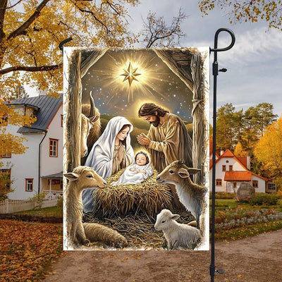 Christianartworkshop Warm Nativity Garden Flag: Holy Family, Animals & Star of Bethlehem