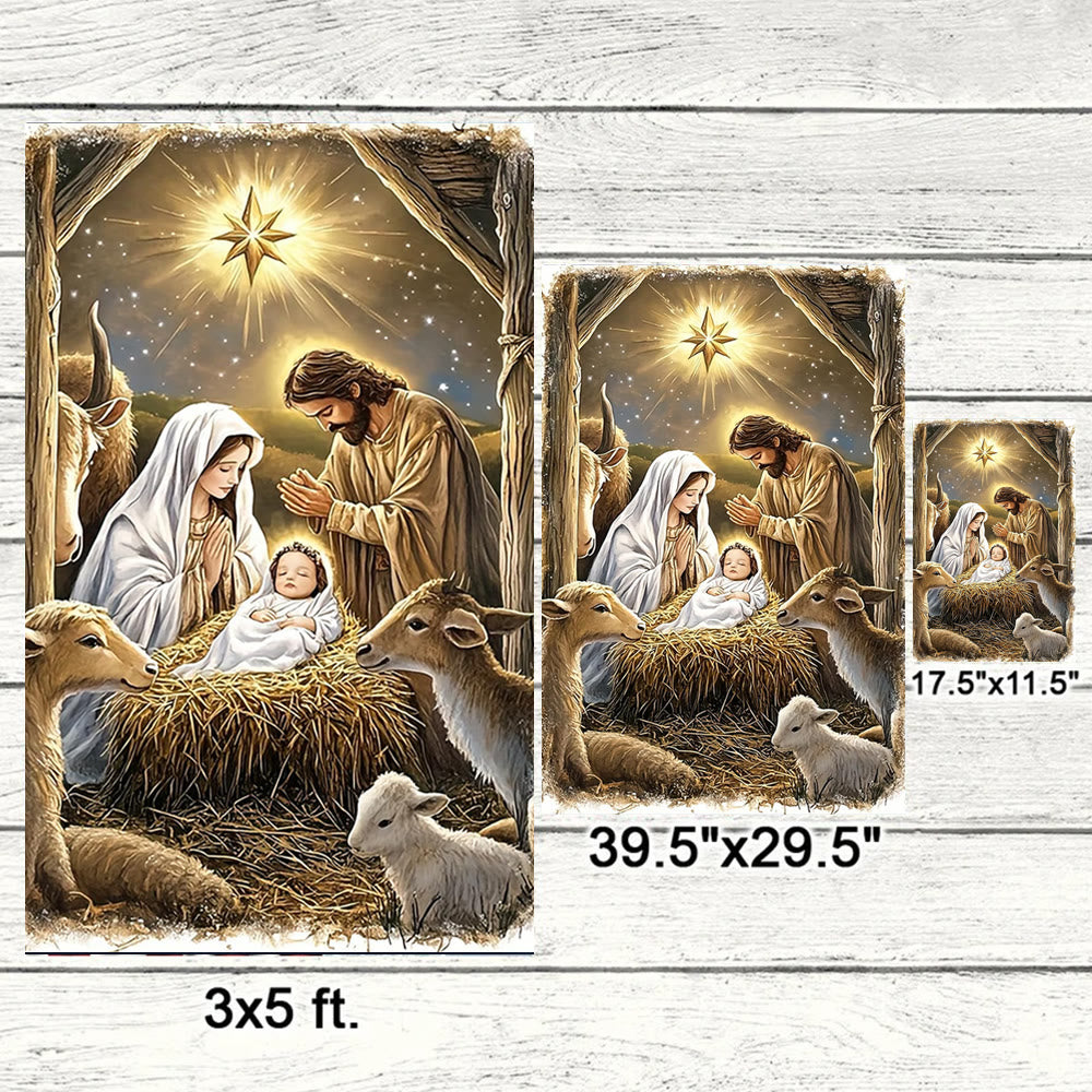 Christianartworkshop Warm Nativity Garden Flag: Holy Family, Animals & Star of Bethlehem