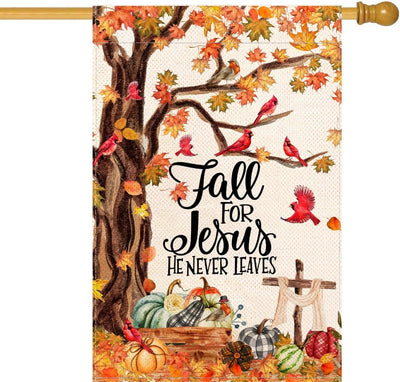 Christianartworkshop Fall for Jesus Autumn Garden Flag with Red Cardinals & Pumpkins