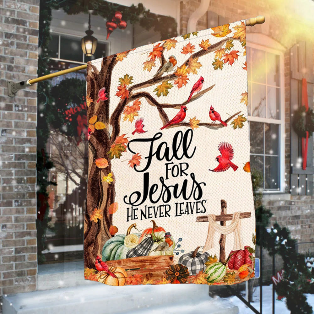 Christianartworkshop Fall for Jesus Autumn Garden Flag with Red Cardinals & Pumpkins