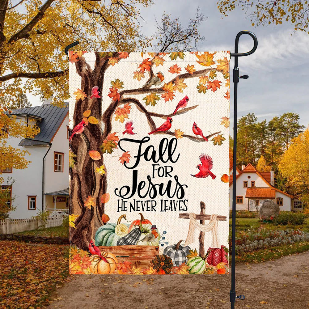 Christianartworkshop Fall for Jesus Autumn Garden Flag with Red Cardinals & Pumpkins