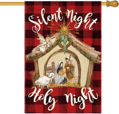 Christianartworkshop Faith - Filled Silent Night Garden Flag: Buffalo Plaid & Nativity Scene