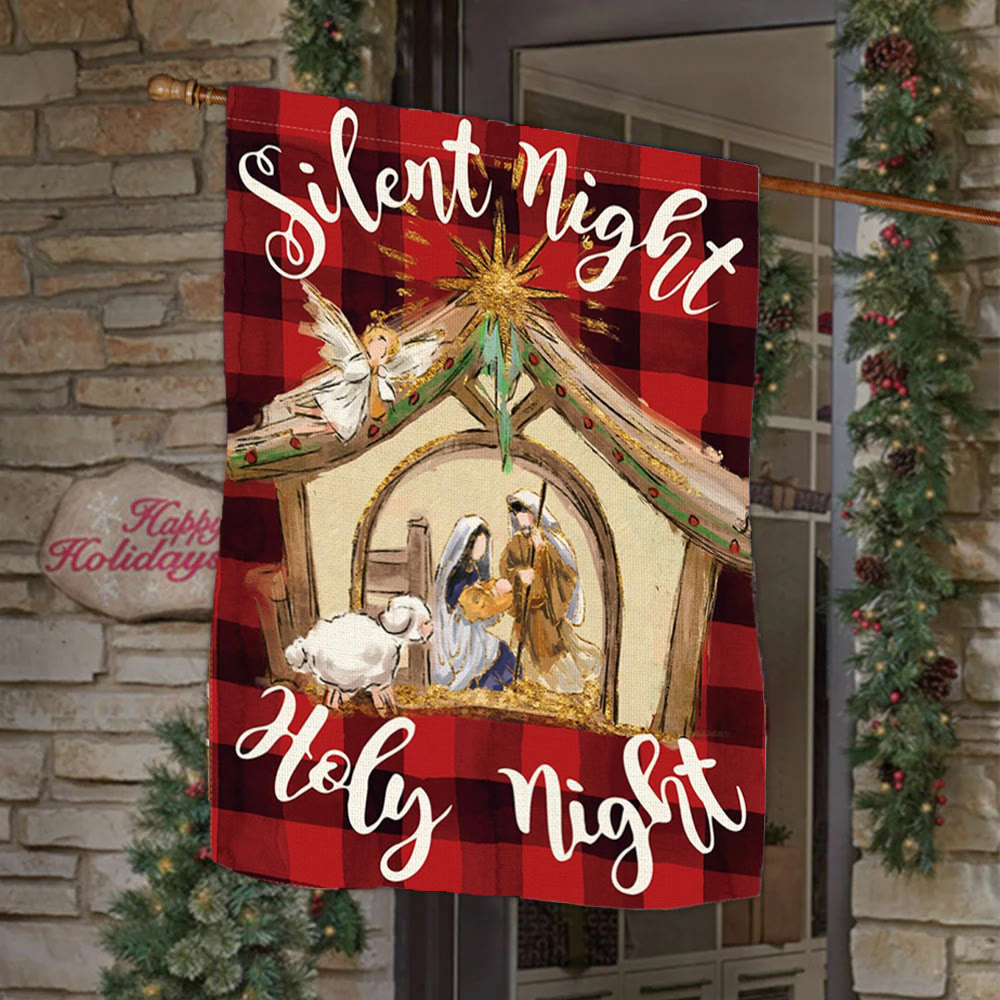 Christianartworkshop Faith - Filled Silent Night Garden Flag: Buffalo Plaid & Nativity Scene