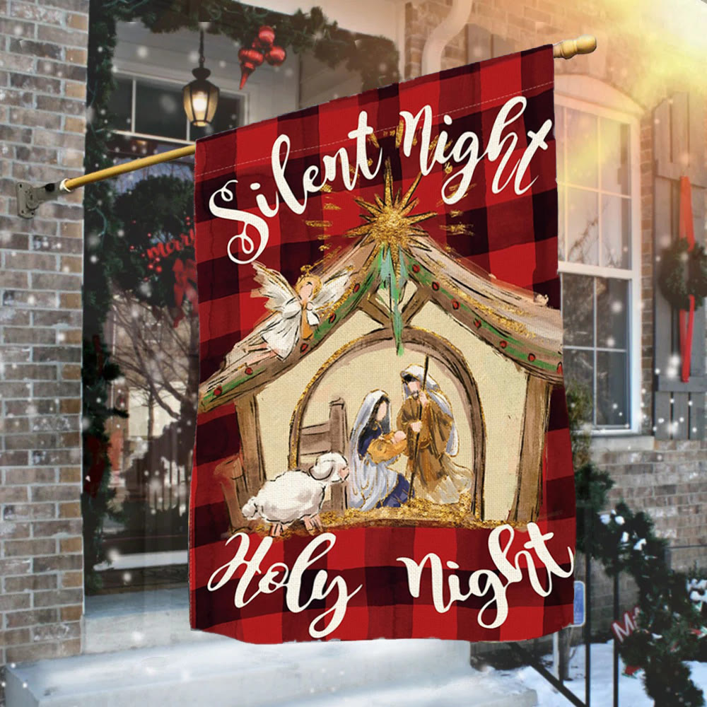 Christianartworkshop Faith - Filled Silent Night Garden Flag: Buffalo Plaid & Nativity Scene