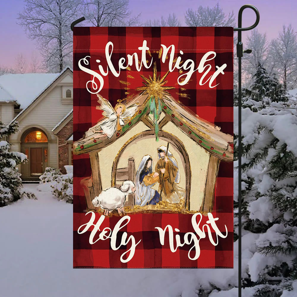 Christianartworkshop Faith - Filled Silent Night Garden Flag: Buffalo Plaid & Nativity Scene