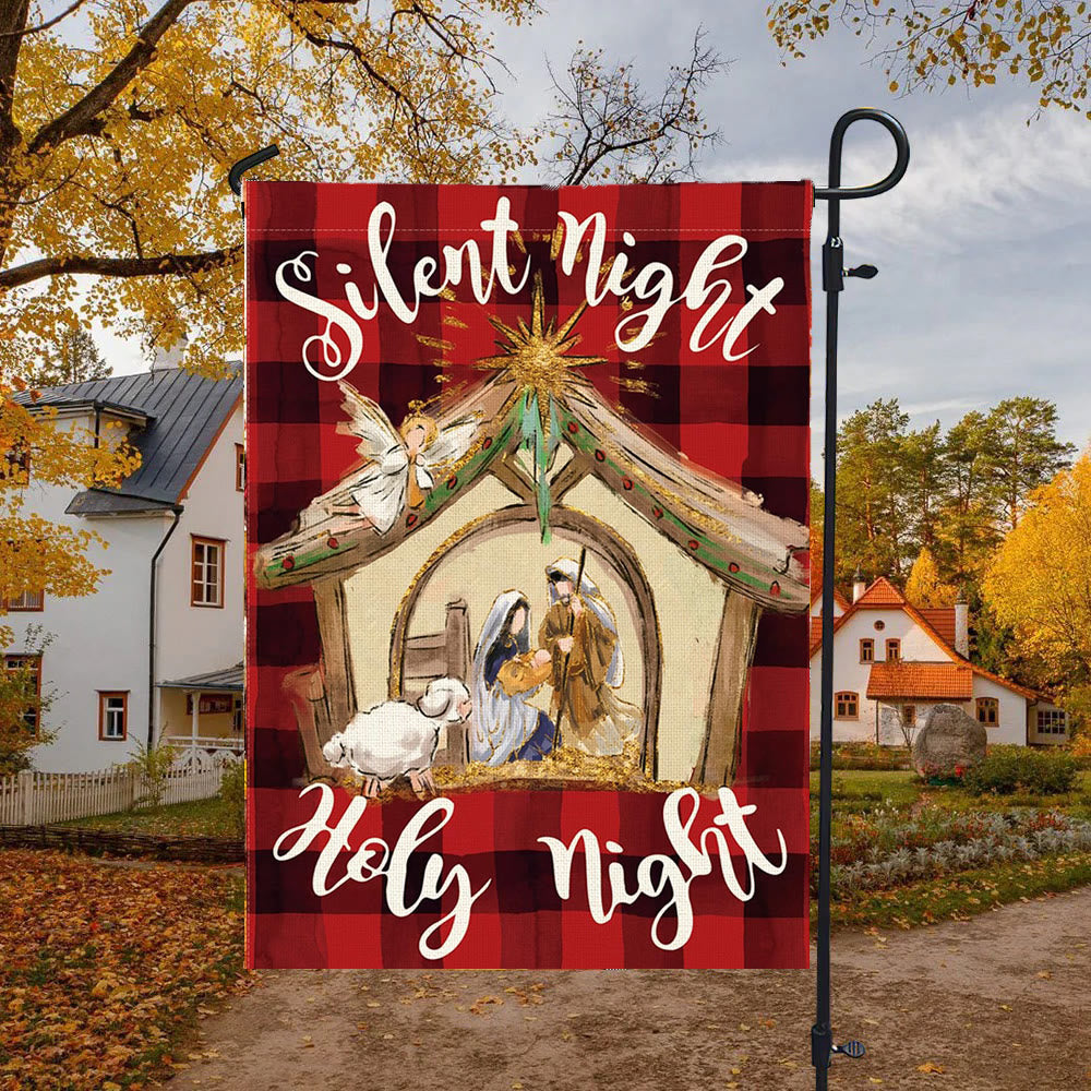 Christianartworkshop Faith - Filled Silent Night Garden Flag: Buffalo Plaid & Nativity Scene