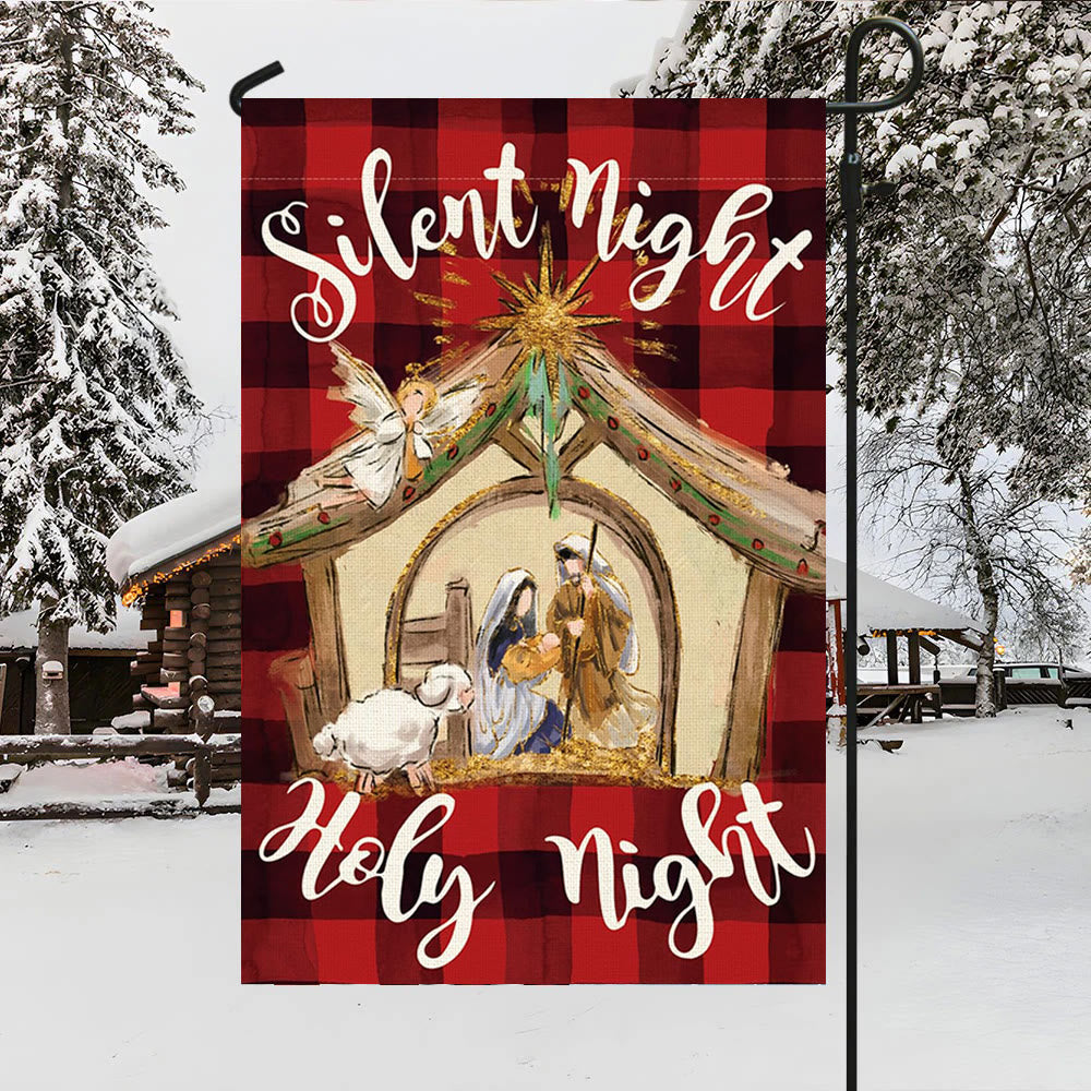 Christianartworkshop Faith - Filled Silent Night Garden Flag: Buffalo Plaid & Nativity Scene