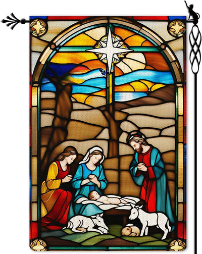 Christianartworkshop Holy Family Nativity Garden Flag: Stained - Style Christmas Decor