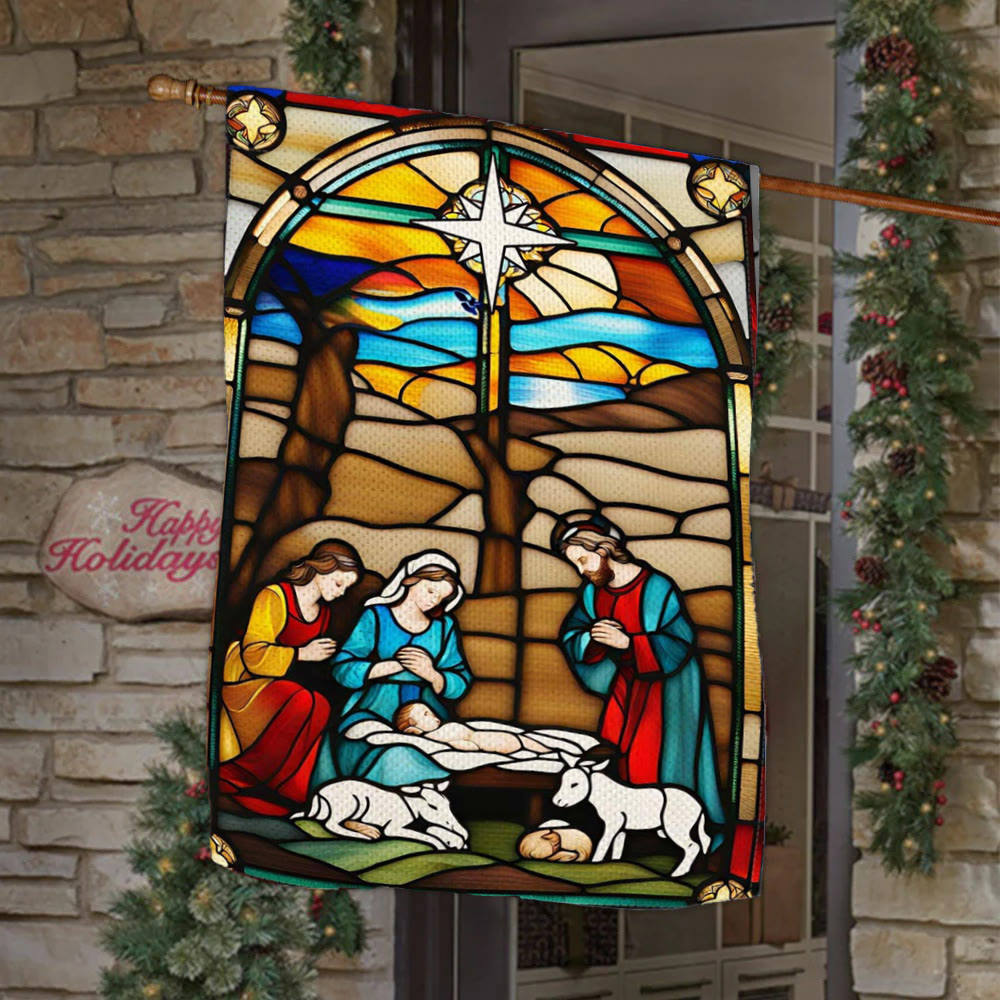 Christianartworkshop Holy Family Nativity Garden Flag: Stained - Style Christmas Decor