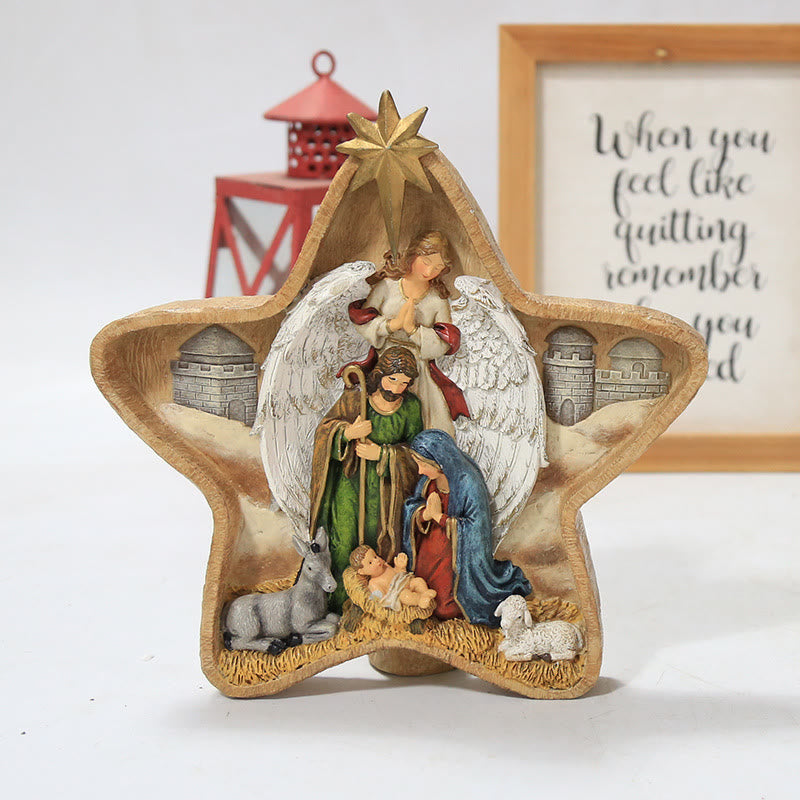 Christianartworkshop Holy Family Star & Angel Nativity Desktop Ornament for Christmas Celebration