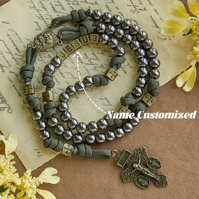 Christianartworkshop Military - Style Paracord Custom Rosary: Silver-Toned Beads & Brass JESUS