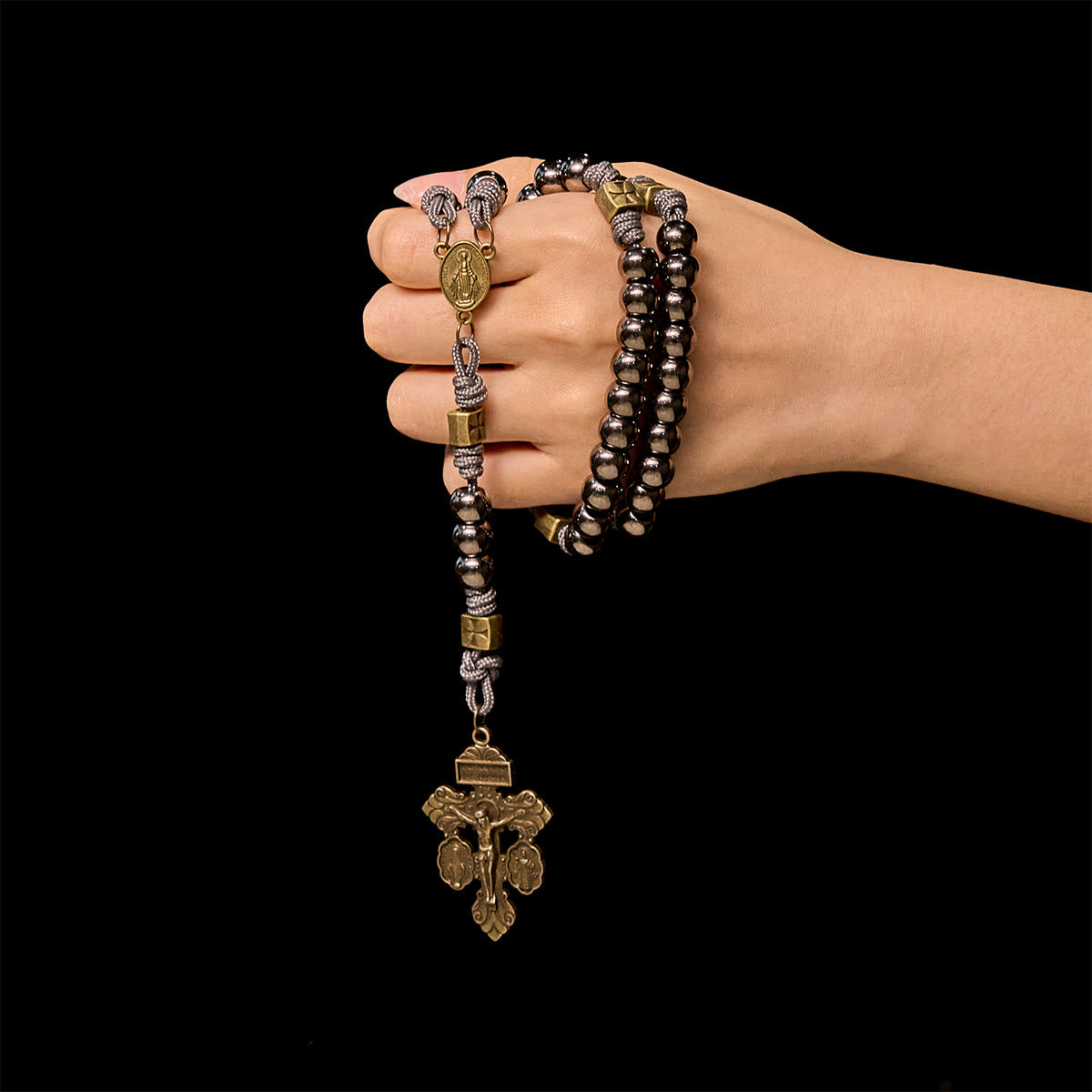 FREE Today: Miraculous Medal & Crucifix of 8 mm Round Silver Black Gallstone Nylon Cord Rosary