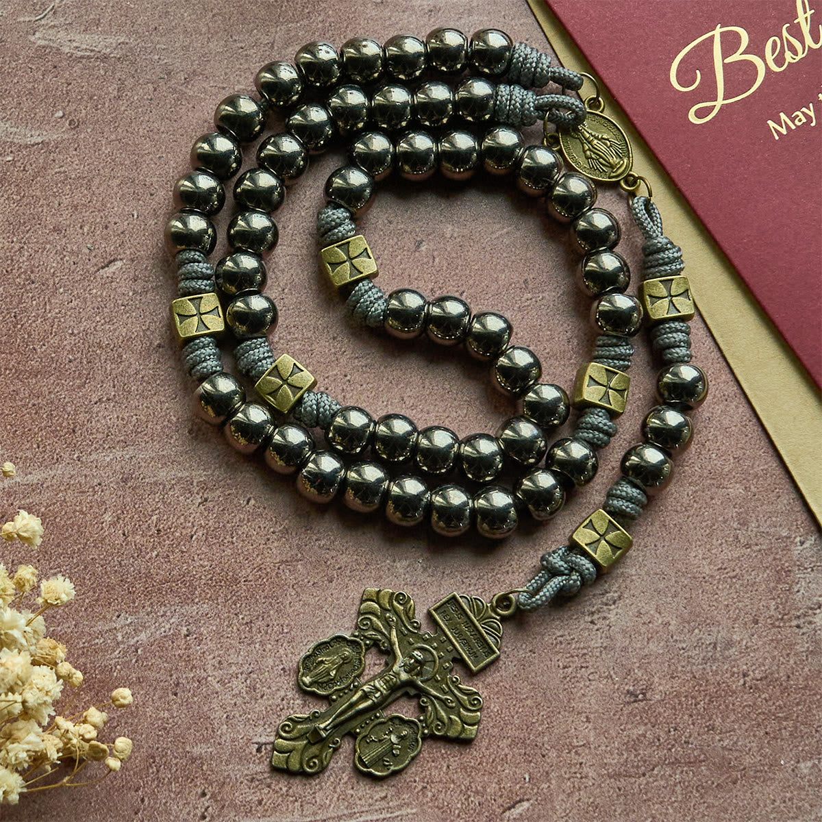 FREE Today: Miraculous Medal & Crucifix of 8 mm Round Silver Black Gallstone Nylon Cord Rosary