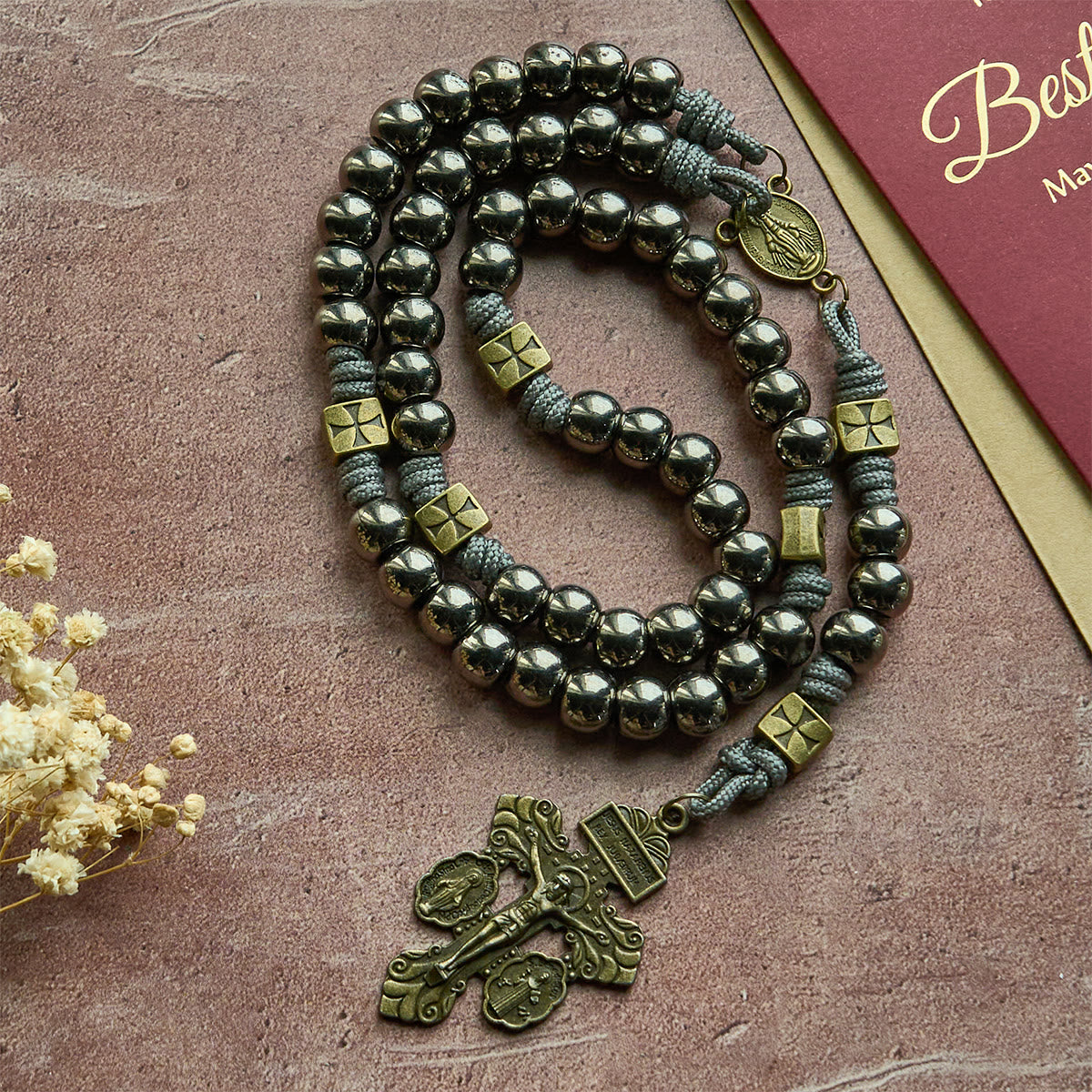 FREE Today: Miraculous Medal & Crucifix of 8 mm Round Silver Black Gallstone Nylon Cord Rosary