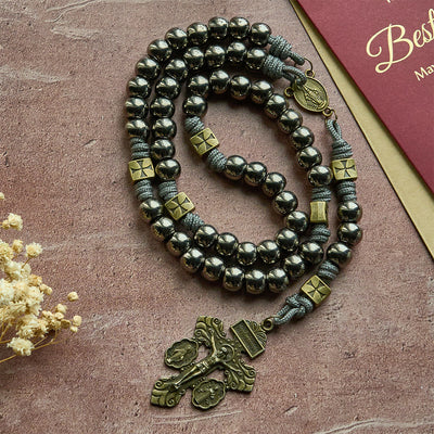 FREE Today: Miraculous Medal & Crucifix of 8 mm Round Silver Black Gallstone Nylon Cord Rosary