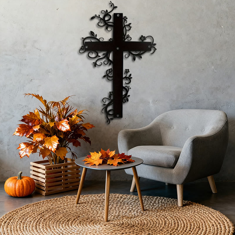 Christianartworkshop Gothic Floral Vine Cross Black Metal Wall Decor